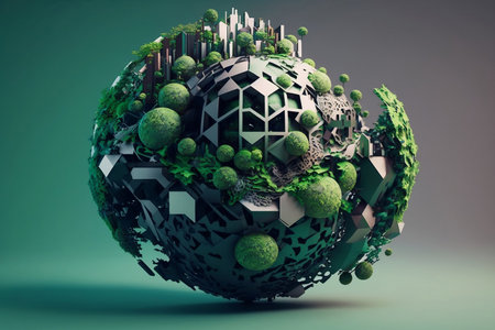green planet earth and futuristic buildings or buildings mixed with plants. ai generativeの素材