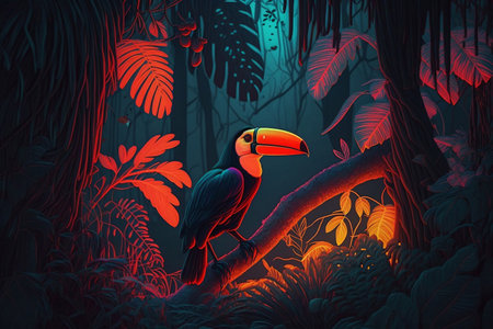 colorful, neon toucan among the night tropical jungle. ai generativeの素材