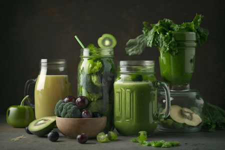 large glass mugs with a healthy cocktail of fruits and vegetables in green color.healthy food concept. ai generativeの素材