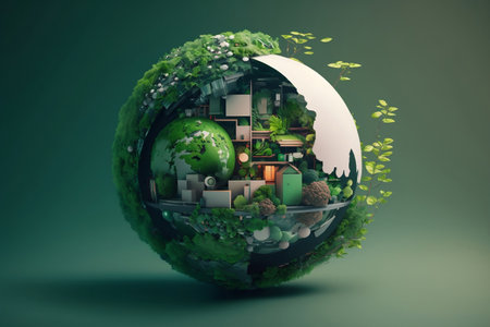 green planet earth and futuristic buildings or buildings mixed with plants. ai generativeの素材