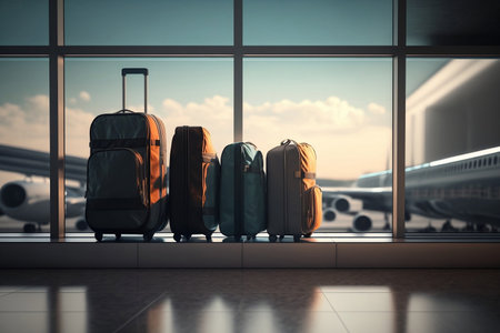 suitcases for travel, luggage in the airport terminal against the background of the window and the runway. ai generativeの素材