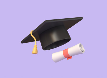 3d graduation cap and diploma in cartoon style. the concept of online learning or education. illustration isolated on purple background. 3d renderingの写真素材