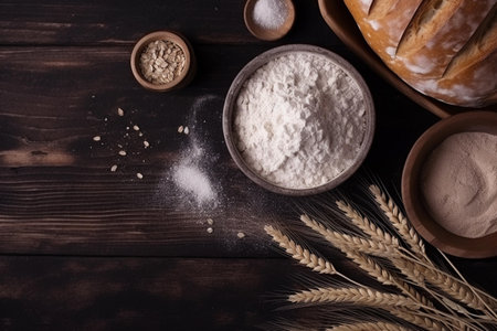 fresh bread with ears of wheat and a bowl of flour, top view, empty space. ai generativeの素材