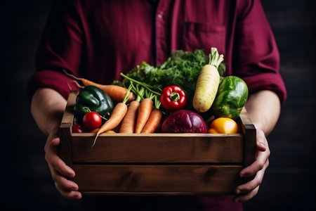 The farmer is holding a wooden box with fresh vegetables. Basket with vegetables cabbage, carrot, cucumber, radish, corn and pepper .ai generativeの素材