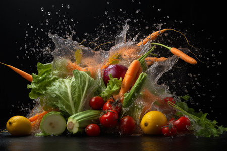 fresh vegetables and water splashes on a dark background. AI generativeの素材