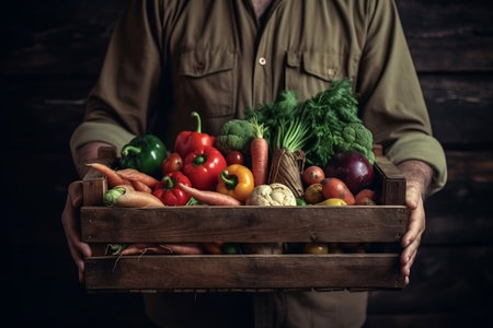 The farmer is holding a wooden box with fresh vegetables. Basket with vegetables cabbage, carrot, cucumber, radish, corn and pepper .ai generativeの素材