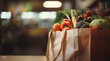 reusable shopping bag filled with vegetables, grocery store abstract blur, defocused background, copy space. ai generativeの素材