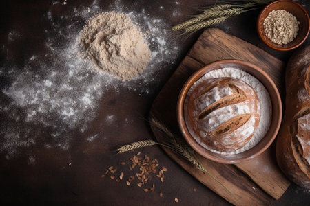 fresh bread with ears of wheat and a bowl of flour, top view, empty space. ai generativeの素材