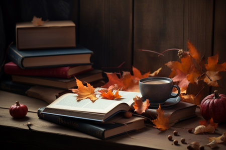 A cup of delicious, hot coffee, books and autumn leaves on a wooden background. AI generativeの素材
