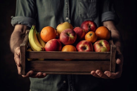 The farmer is holding a wooden box full of fresh fruits. Fruit basket apples, bananas, oranges. ai generativeの素材