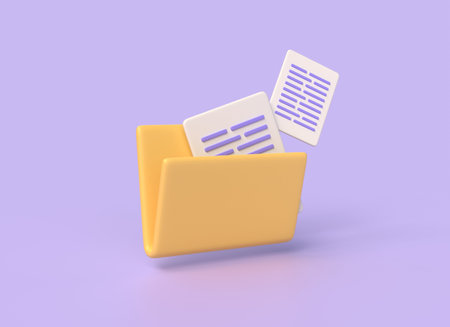 3d files or documents fly out of the yellow folder. concept of secure file transfer and storage.illustration isolated on purple background. 3d renderingの写真素材