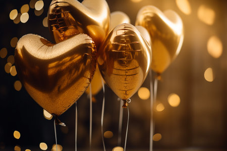 Golden balloons bunch heart shape, holiday decoration, confetti. ai generativeの素材