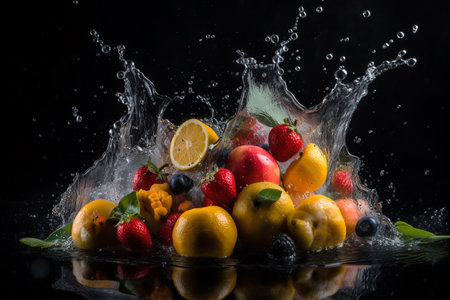 Fruit and berry splash in water on a black background. ai generativeの素材