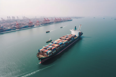 container port with a cargo ship and cranes.Generative AIの素材