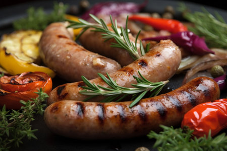 Frying sausages with greens and vegetables on the grill, close-up. Grilled food, barbecue, shish kebab. ai generativeの素材