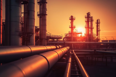 Leading lines with pipelines and a pipe rack of an oil industry plant. ai generativeの素材