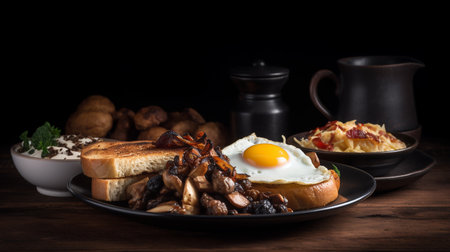 fried eggs, bacon, mushrooms, potatoes and greens on a dark background. ai generativeの素材