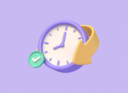 3d alarm clock icon, check marks and arrows around in cartoon style. fast delivery or time...