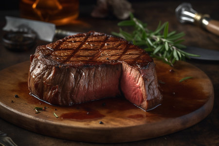 juicy grilled steak with herbs and spices on rustic cutting board. Barbecue. AI generatedの素材