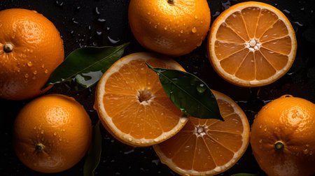 whole oranges and slices. drops of water on fresh fruits. top view. dark background. ai generativeの素材