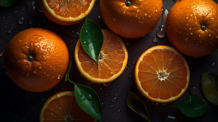 whole oranges and slices. drops of water on fresh fruits. top view. dark background. ai generativeの素材