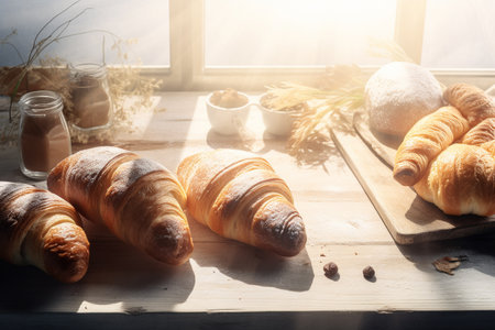 fresh buns and croissants and bakery ingredients on a wooden board. white background. food for breakfast. AI generativeの素材