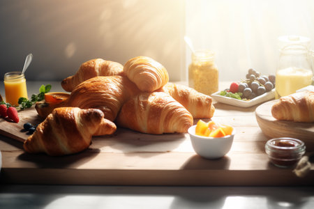 fresh buns and croissants and bakery ingredients on a wooden board. white background. food for breakfast. AI generativeの素材