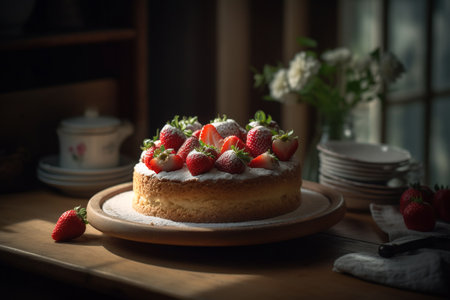Sponge cake with strawberries and vanilla cream. ai generativeの素材