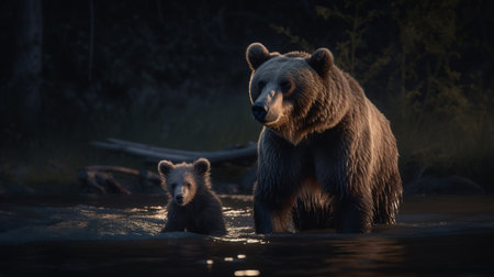 bear with cub in the river at night. AI generativeの素材