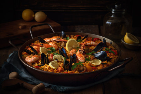 Spanish dish rice and seafood paella bursting Generative AIの素材