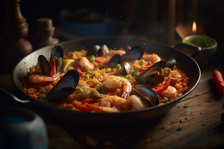 Spanish dish rice and seafood paella bursting Generative AIの素材