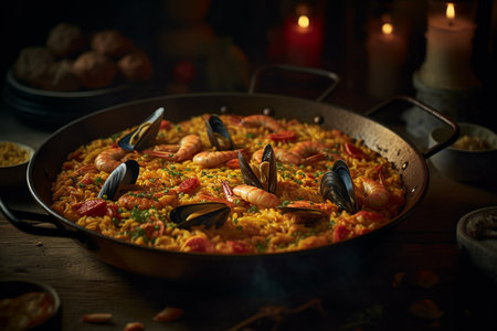 Spanish dish rice and seafood paella bursting Generative AIの素材