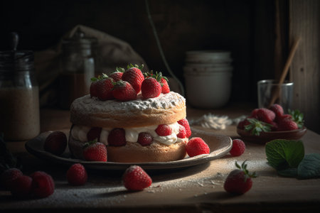 Sponge cake with strawberries and vanilla cream. ai generativeの素材