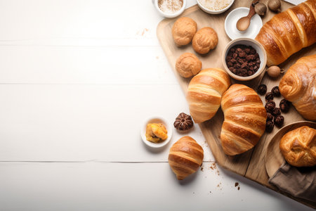 fresh buns and croissants and bakery ingredients on a wooden board. copy space and white background. food for breakfast. AI generativeの素材
