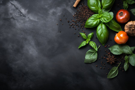 a variety of spices and basil leaves on a dark background for cooking. copyspace. ai generativeの素材