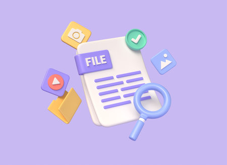 3d file icon, folder, video player and photo gallery icons. Search for images and video files in the database. searching and managing documents. illustration on purple background. 3d renderingの写真素材