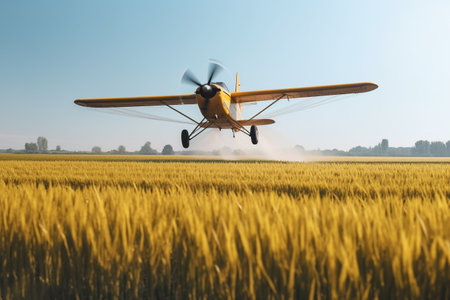 an airplane flies over a wheat field and sprays liquid from pests. ai generativeの素材