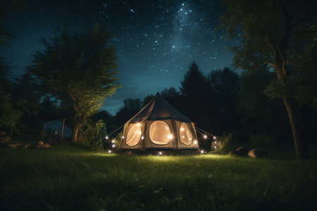 a travel tent with bright lamps set up in a grassy clearing under a tree and a starry sky. ai generativeの素材