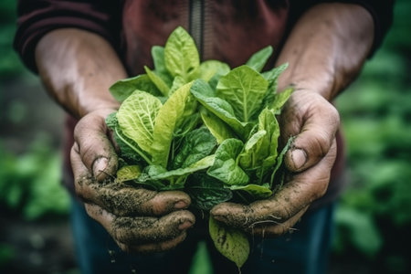 green tobacco seedlings in the hands of an agronomist in a field in northern Thailand. ai generativeの素材