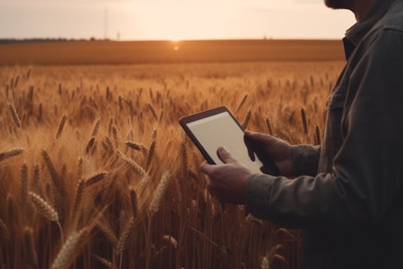 hands of a farmer with a digital tablet computer on the background of a wheat field. smart farming. non-existent person.ai generativeの素材