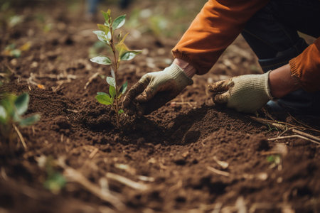 farmer's hands planting trees in a community garden. ai generativeの素材