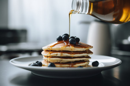 stacks of delicious pancakes with fresh blueberries and maple syrup on a white plate. AI generativeの素材