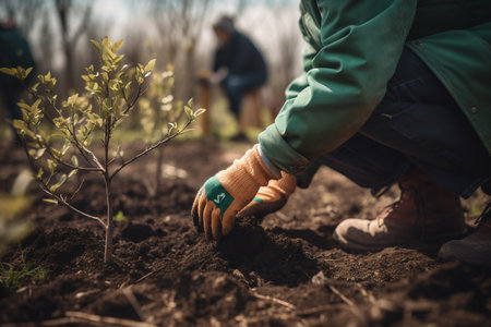 farmer's hands planting trees in a community garden. ai generativeの素材