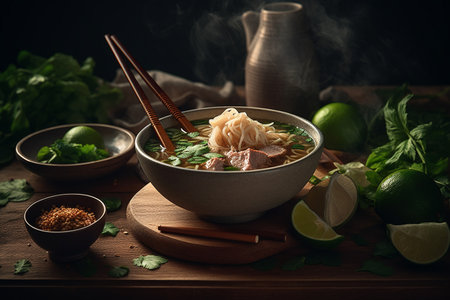vietnamese pho soup, meat pieces and rice noodles in soup, chopsticks, parsley, lime, vietnamese breakfast. ai generativeの素材