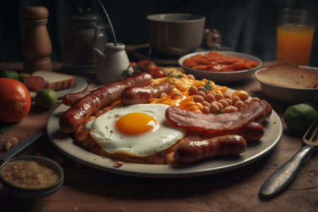 fried eggs, fried sausages, crispy fried bacon slices, stewed beans, toast on a white plate, british breakfast. ai generativeの素材