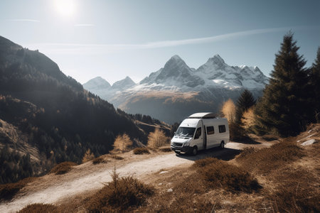 modern van motorhome, in the mountains, on a sunny day. ai generativeの素材
