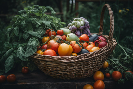 Basket of organic products on the farm. vegetables in a basket. AI generativeの素材