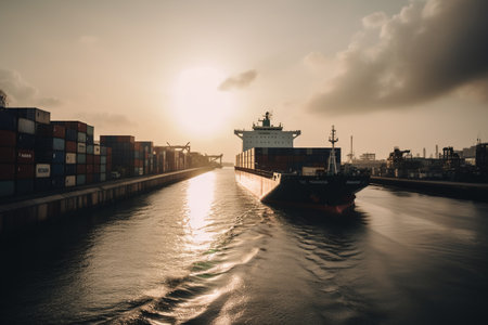 Logistic import-export background of a container cargo ship in the seaport, cargo transportation. ai generativeの素材