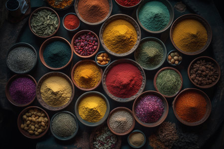 Assorted spices, invigorating, aromatic, bright, spice shop. ai generativeの素材