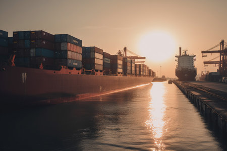Logistic import-export background of a container cargo ship in the seaport, cargo transportation. ai generativeの素材